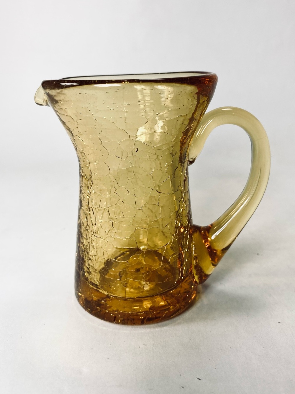 3 1/2" Small Amber Pilgram Glass ? Crackle Glass Pitcher Creamer Curved Handle